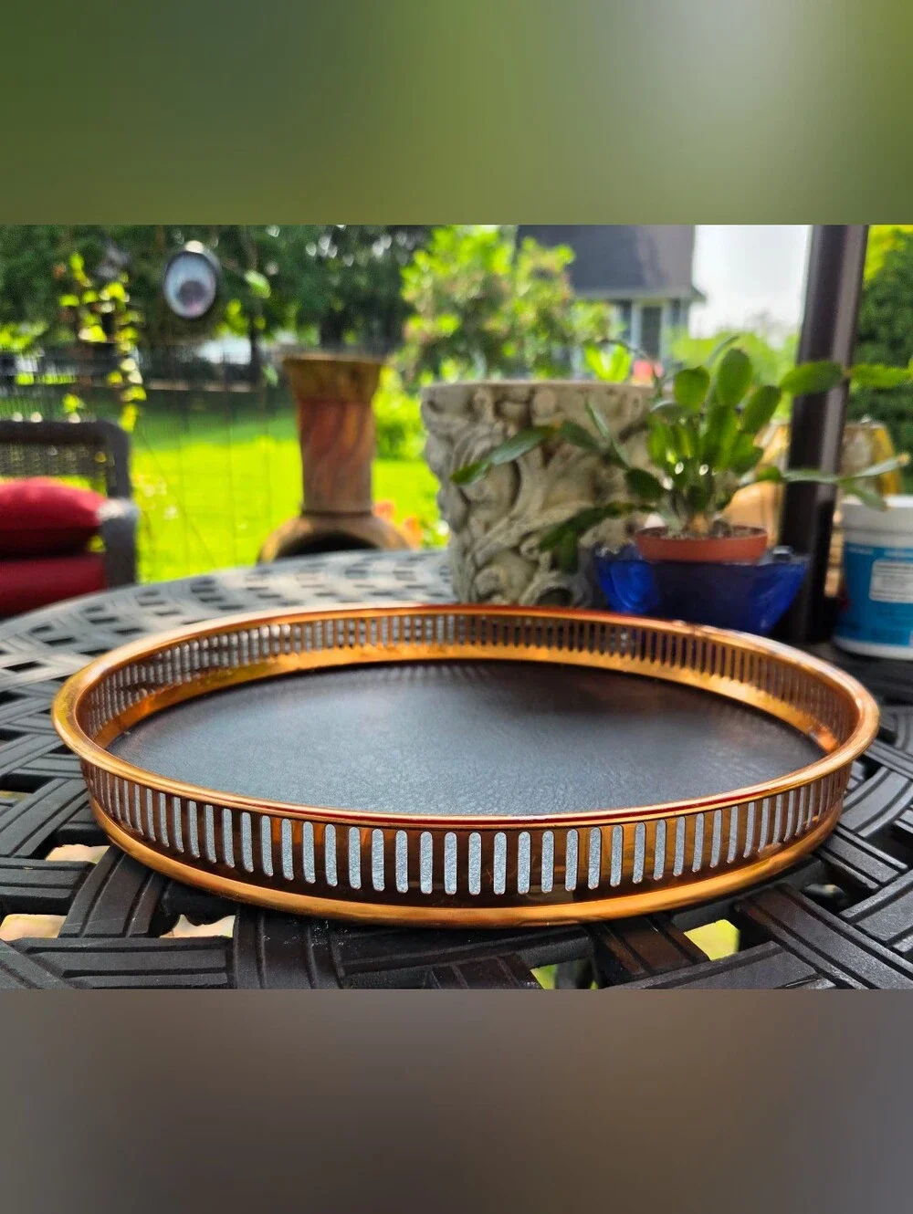 Vtg Coppercraft Guild 13” Copper Edge Round Bar Serving Tray MCM Faux Leather